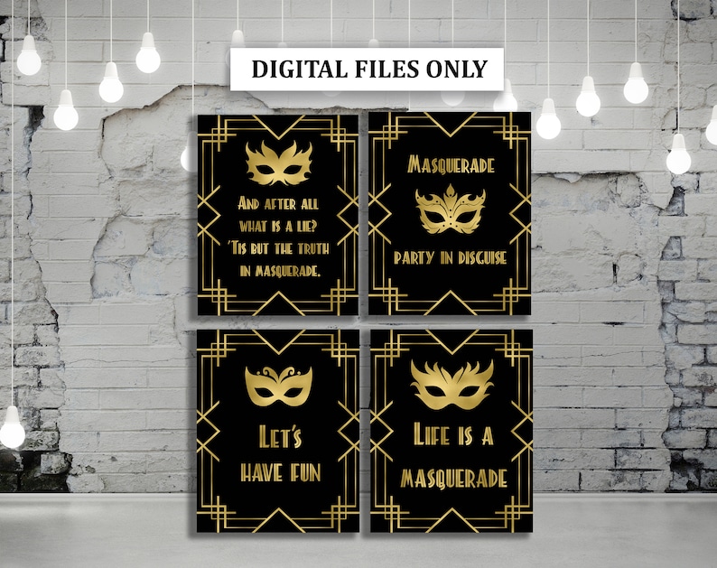 Black and Gold Masquerade Party Signs Bundle Decor, Birthday Masquerade ...