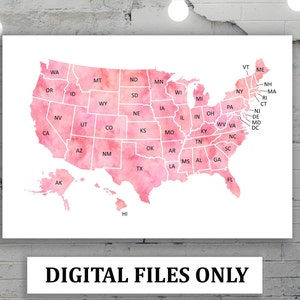 Große rosa USA Karte mit Initialen, Download Aquarell Karte der USA