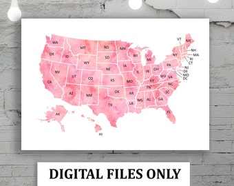 Big Pink USA Map with States initials, Download Watercolor United States Map