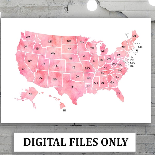 Big Pink USA Map with States initials, Download Watercolor United States Map