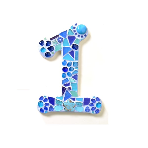 Mosaik Hausnummer in Blautönen, Ziffern 0-9, frostfest