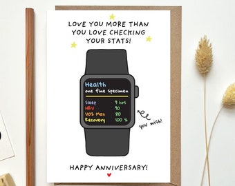 Grappige verjaardagskaart voor vriend vriendin man vrouw, liefde van je leven, 1 jarig jubileum, gezondheidsstatistieken kaart, Apple Watch, fitness