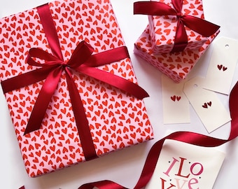 Valentines Wrapping Paper, Red and Pink Heart Wrapping Paper Sheets 70cm x 50cm, Luxury Eco Gift Wrap, Recyclable, Anniversary Gifts, Fun