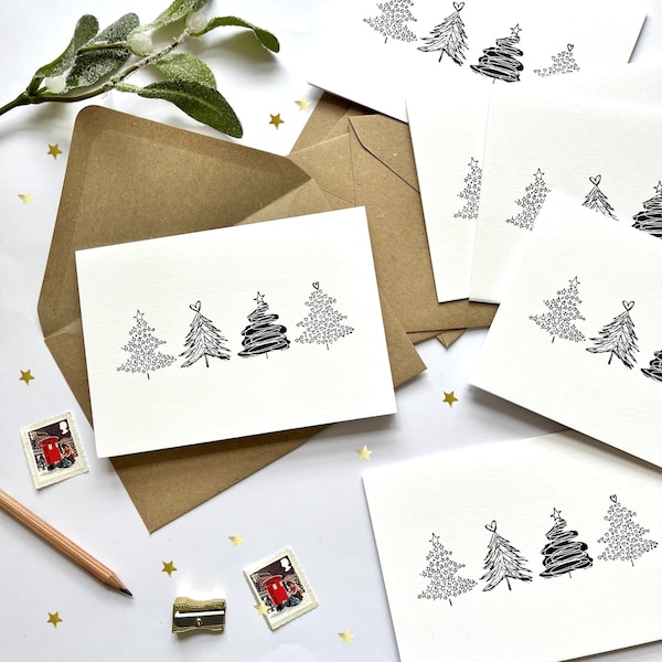 Pack of Simple Black and White Christmas Cards | Christmas Trees | Eco friendly Christmas Cards | Handmade Cards A6 A7 | Set of 6, 12, 24