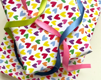 Mothers Day Wrapping Paper, multicolour rainbow Heart, Sheets 70cm x 50cm, Luxury Eco Gift Wrap, Recyclable, fun birthday Gift
