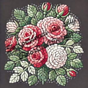 Op de afbeelding: Een mozaïekkunstwerk dat een boeket roze en witte rozen met groene bladeren toont. De rozen zijn gemaakt van kleine, kleurrijke tegels.