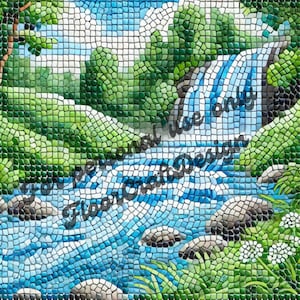 Op de afbeelding: Een mozaïekkunstwerk dat een waterval voorstelt die door een groen landschap stroomt. Het water is helderblauw en de rotsen zijn grijs. De tekst "For personal use only" en "Floor Craft Design" is zichtbaar in de afbeelding.