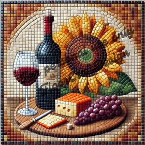Op de afbeelding: Een stilleven mozaïek met een fles rode wijn, een glas rode wijn, een stuk kaas, druiven en een zonnebloem. Het kunstwerk is gemaakt van kleine, kleurrijke tegels.