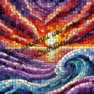Op de afbeelding: Een mozaïekkunstwerk dat een zonsondergang boven de oceaan uitbeeldt. De lucht gaat over van rood en oranje naar paars, met een heldergele zon. De oceaangolven zijn blauw en paars, waardoor een levendige en kleurrijke scène ontstaat.