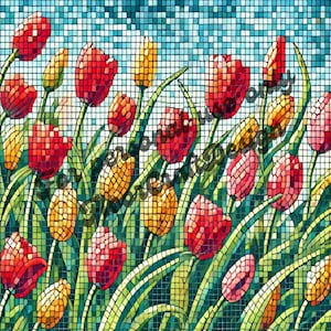 Op de afbeelding: Een mozaïekkunstwerk dat een veld met rode en gele tulpen voorstelt. De tulpen zijn in een willekeurig patroon gerangschikt en worden omringd door groene bladeren. De achtergrond is een lichtblauwe lucht.