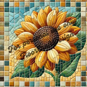 Op de afbeelding: Een mozaïek tegelontwerp van een zonnebloem met gele bloemblaadjes, een bruin centrum en groene bladeren. De tegel is 30x40 cm.