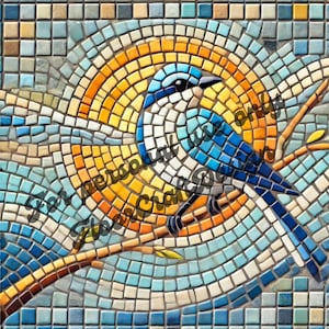 Op de afbeelding: Een mozaïekkunstwerk met een blauwe vogel die op een tak zit. De vogel is omringd door een cirkelvormig patroon van gele en oranje tegels, wat een zon-achtig effect creëert. De achtergrond is een mozaïek van blauwe en witte tegels.