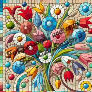 Op de afbeelding: Een kleurrijk mozaïekkunstwerk dat een boeket bloemen in verschillende tinten rood, blauw, geel, wit en groen voorstelt. De bloemen zijn in een vaas gerangschikt en worden omringd door een achtergrond van kleine, kleurrijke tegels.