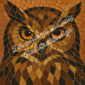Op de afbeelding: Een mozaïek-stijl uil ontwerp in bruin, beige en oranje tinten. De ogen van de uil zijn fel oranje, en de afbeelding heeft de tekst "For personal use only FloorCraft Design". Het ontwerp bestaat uit kleine, onregelmatige vormen.