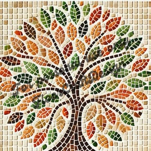 Op de afbeelding: Mozaïekkunst die een boom voorstelt met bruine takken en groene en oranje bladeren. De boom staat op een achtergrond van beige vierkante tegels.