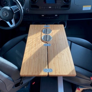 3/4" Bamboo folding tabletop w/ cup holders. Use with Lagun mount/similar mount in RV or van. Narrow armrest folding table.