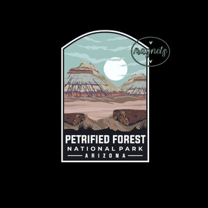 May include: A colorful illustration of a mountain range with a white moon in the sky. The text "Petrified Forest National Park - Arizona" is below the image. The image is in a rounded rectangle with a white border.