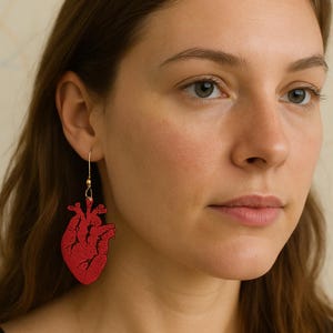 Red Acrylic Anatomical Heart Engraved Earrings – Red Dangle Earrings, Medical Jewelry, Goth Gift, Unique Valentine’s Day Accessory
