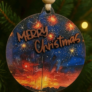 Patriotic Merry Christmas Ornament – 4&quot; Round Wooden Holiday Decoration with Fireworks and American Flag. Festive Tree Hanging Gift.