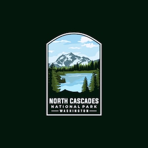 May include: A vintage-style badge with a scenic view of a mountain range, a lake, and a forest. The text reads "North Cascades National Park - Washington".