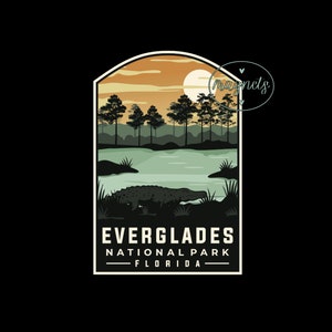 May include: A vintage-style illustration of Everglades National Park in Florida. The image features a sunset over a swamp with a silhouette of trees and a crocodile in the water. The text "Everglades National Park - Florida" is displayed below the image.