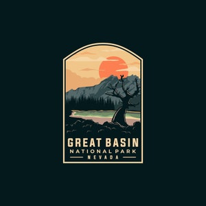 May include: A vintage-style illustration of Great Basin National Park in Nevada. The image features a mountain range, a lake, a lone tree, and a setting sun. The text "Great Basin National Park Nevada" is displayed below the image.