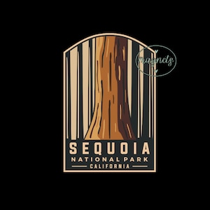 Puede incluir: Una ilustración de estilo vintage de un árbol de secuoya gigante en el Parque Nacional de Sequoia, California. La imagen está en una paleta de colores marrón, beige y crema y presenta un tronco de árbol estilizado con una superposición de texto que dice "Sequoia National Park, California".