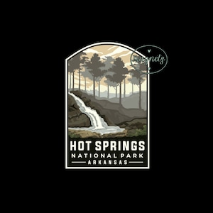 May include: A vintage-style illustration of Hot Springs National Park in Arkansas. The image features a waterfall flowing through a forest with a mountain range in the background. The text "Hot Springs National Park Arkansas" is displayed below the image.