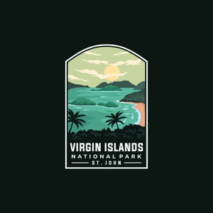 May include: A vintage-style illustration of a beach scene with palm trees, a sandy shore, and turquoise water. The text "Virgin Islands National Park - St. John" is below the image.