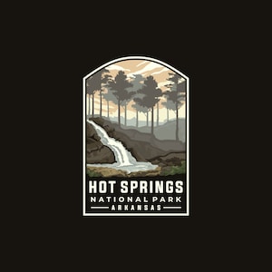 May include: A vintage-style illustration of a waterfall in a forest setting. The image is framed with a white border and includes the text "Hot Springs National Park Arkansas".