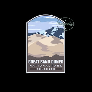 May include: A vintage-style illustrated sticker featuring a scenic view of Great Sand Dunes National Park in Colorado. The sticker features a brown, tan, and white sand dune landscape with a blue sky and white clouds. The text "Great Sand Dunes National Park - Colorado" is printed in black at the bottom of the sticker.