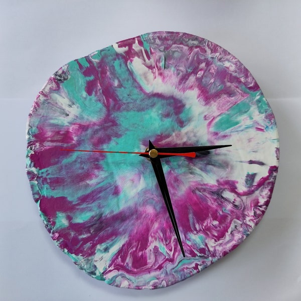 Recycled plastic clock, purple, blue and white