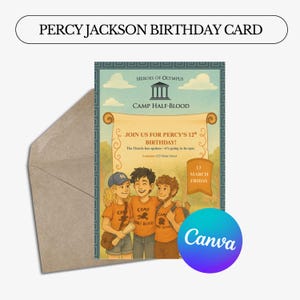 Convite de aniversário editável do Percy Jackson | Convite de aniversário do Acampamento Meio-Sangue | Digital para impressão | Modelo Canva | Semideus da Mitologia Grega