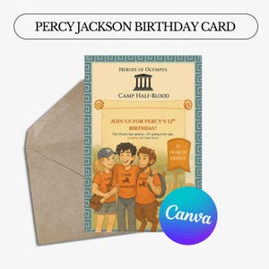 Convite de aniversário editável do Percy Jackson | Convite de aniversário do Acampamento Meio-Sangue | Digital para impressão | Modelo Canva | Semideus da Mitologia Grega