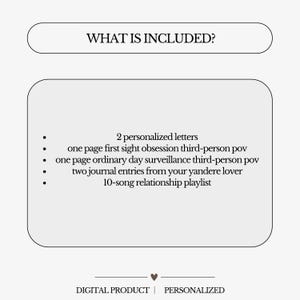 May include: A digital product graphic with the text "WHAT IS INCLUDED?" and a list of items: two personalized letters, one-page stories, journal entries, and a playlist. The words "DIGITAL PRODUCT" and "PERSONALIZED" are at the bottom.