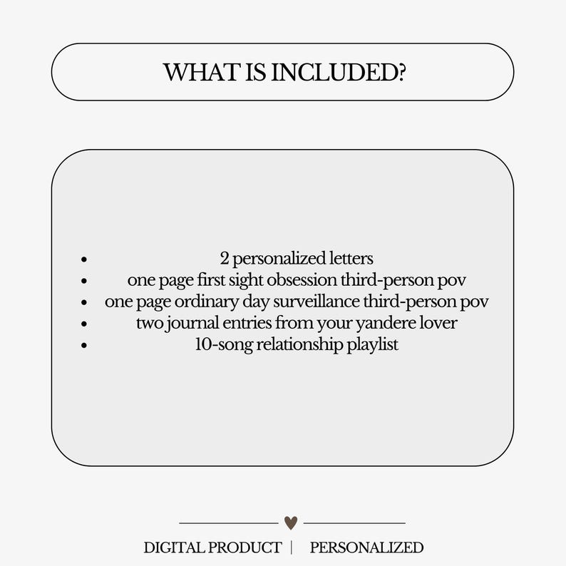 May include: A digital product graphic with the text "WHAT IS INCLUDED?" and a list of items: two personalized letters, one-page stories, journal entries, and a playlist. The words "DIGITAL PRODUCT" and "PERSONALIZED" are at the bottom.
