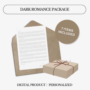 Puede incluir: Un paquete de producto digital con el texto "DARK ROMANCE PACKAGE". La imagen muestra un sobre marr&oacute;n con una carta, una caja envuelta con una cuerda y una etiqueta circular que dice "7 ITEMS INCLUDED".