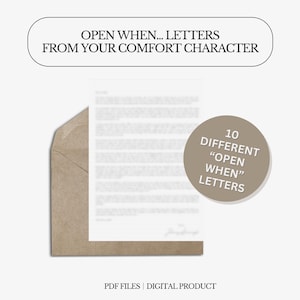 Cartas "Abre cuando" con 10 temáticas diferentes / Cada carta tiene más de 1500 palabras / Personaje reconfortante / Personalizado / Todos los fandoms / Regalo digital personalizado