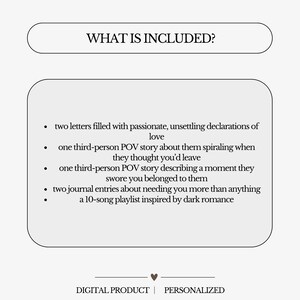 Puede incluir: Un gr&aacute;fico de producto digital con el texto "&iquest;QU&Eacute; INCLUYE?" y una lista de elementos: dos cartas, dos historias POV en tercera persona, dos entradas de diario y una lista de reproducci&oacute;n. Las palabras "PRODUCTO DIGITAL" y "PERSONALIZADO" est&aacute;n en la parte inferior.