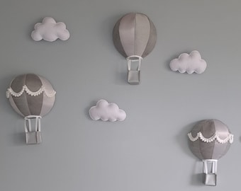 Hot air balloon and cloud wall hanging, cloud nursery decor, grey/silver hot air balloon decor, neutral cloud wall art, nursery decor,