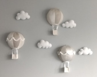 Hot air balloon and cloud wall hanging, cloud nursery decor,  neutral hot air balloon decor, neutral cloud wall art, nursery decor,