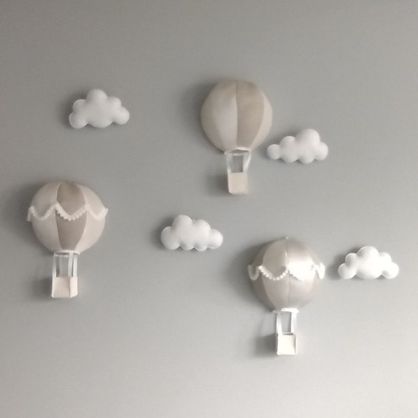 Hete luchtballon en wolk muur hangen, cloud kinderkamer decor, neutraal luchtballon decor, neutrale wolk muur kunst, kinderkamer decor,