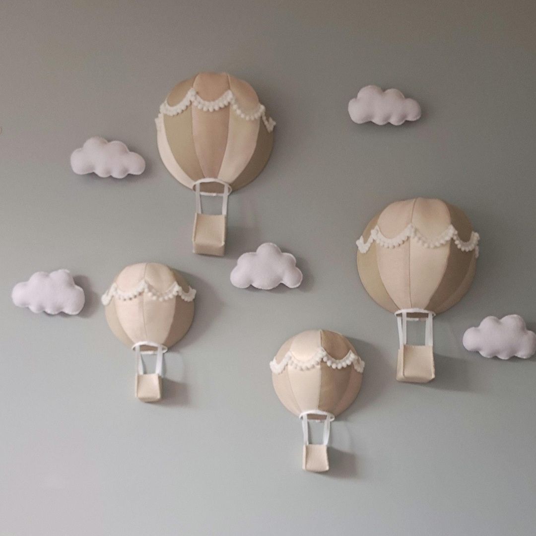 Hot Air Balloon and Cloud Wall Hanging, Cloud Nursery Decor, Neutral ...