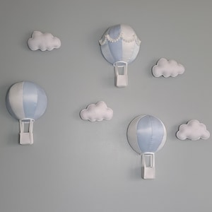Hot air balloon and cloud wall hanging, cloud nursery décor,  Soft Blue hot air balloon décor, Baby Blue cloud wall art, nursery décor,