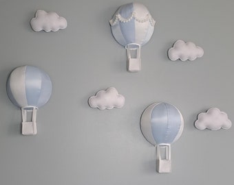 Hot air balloon and cloud wall hanging, cloud nursery décor,  Soft Blue hot air balloon décor, Baby Blue cloud wall art, nursery décor,