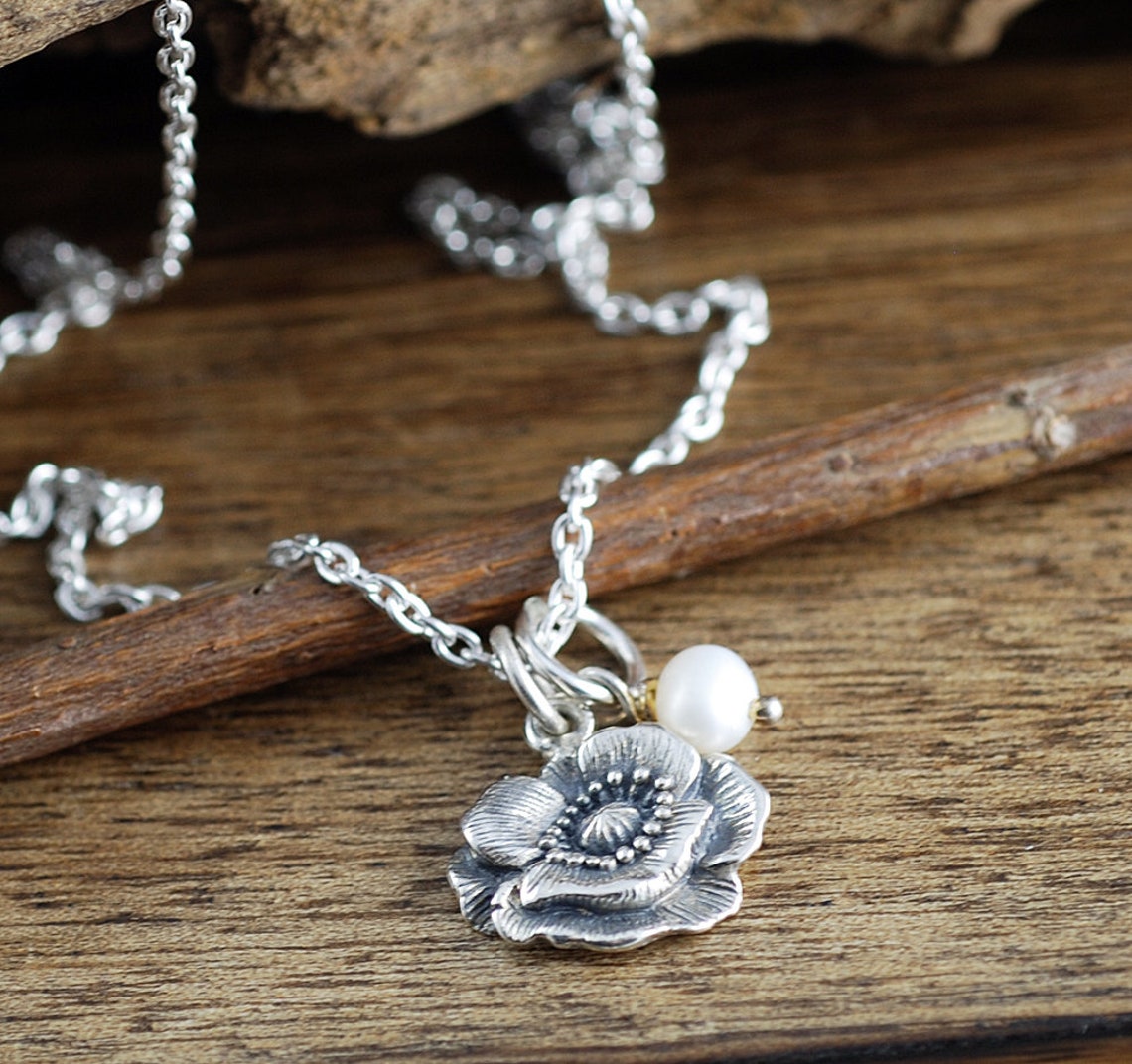 Sterling Silver Poppy Necklace Poppy Flower Pendant Bridal Etsy