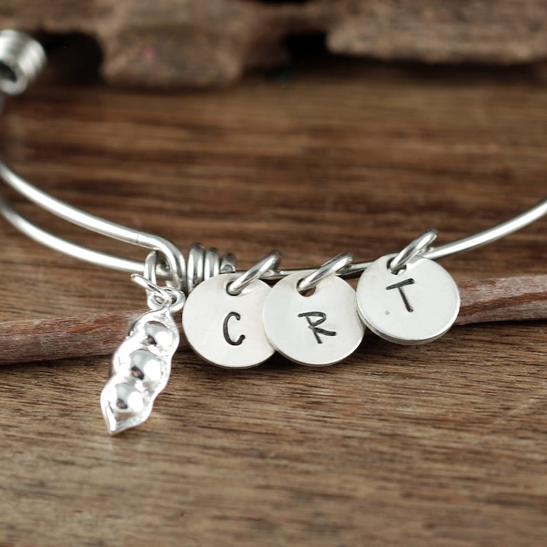 3 Peas in a Pod Initial Bracelet Pea Pod Bracelet Mom Bracelet Three Peas Personalized Pea in a Pod Bracelet GIft for Mom