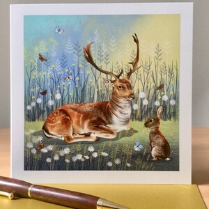 Carte de voeux de l'amitié, lettre carrée vierge, amis des bois, cerf et lapin