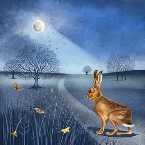 Hare print, Wildlife, Moonlight Hare print, Hare wall art, Nature lovers art, Magical journey led by the Moon