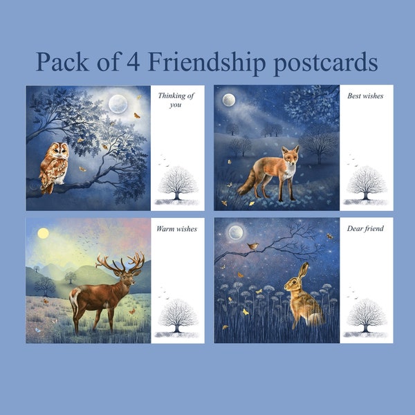 Pack of 4 Friendship postcards  Thinking of you, Best wishes, Dear Friend, Warm wishes, Sending kindness,